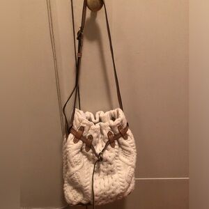 NWT Cozy Polo Ralph Lauren Cream Cable Wool Knit Bucket Bag/ br leather strap